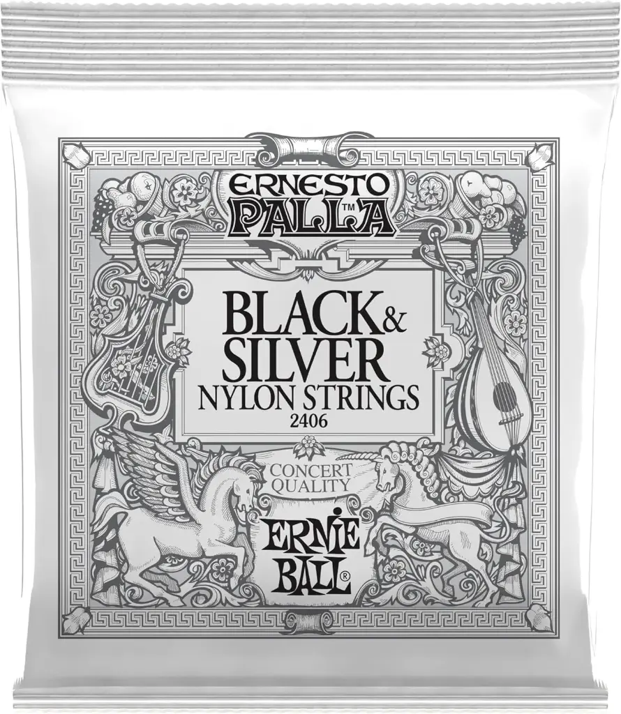 [EB-NegroyPlata] Cuerdas para Guitarra Clásica Ernie Ball Ernesto Palla (Nylon) (Negro y Plata)