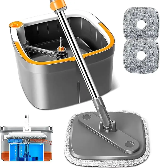 Juego de trapeador giratorio cuadrado y cubo, con sistema de separación de agua sucia/limpia, cabezal de trapeador giratorio para suelos de mármol, baldosas y madera dura - KZKR Spin Square Mop M16
