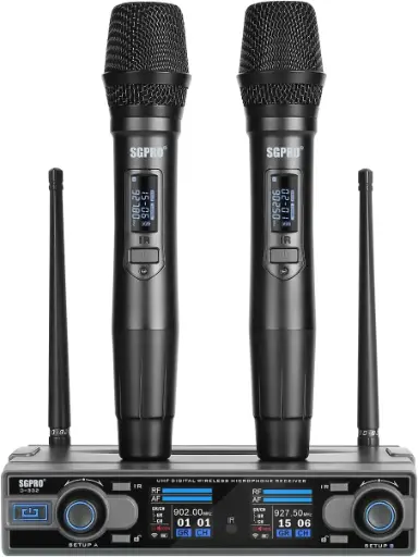 SGPRO: Sistema de micrófono inalámbrico de mano dual de 262 pies, 90 frecuencias UHF preestablecidas, bodypack, micrófonos desgastados por la cabeza y lavalier para actuaciones en vivo, karaoke, DJ