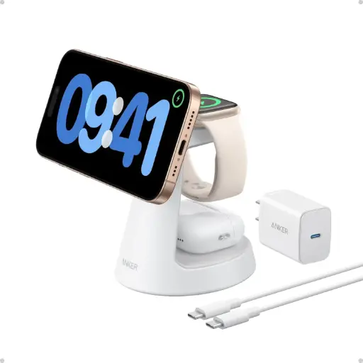 [Anker-MagSafe-2in1] Anker - Cargador MagSafe compatible, estación de carga MagGo 3 en 1, soporte de carga inalámbrico magnético de 15 W, certificado Qi2, para iPhone 16/15/14, Apple Watch, AirPods y más