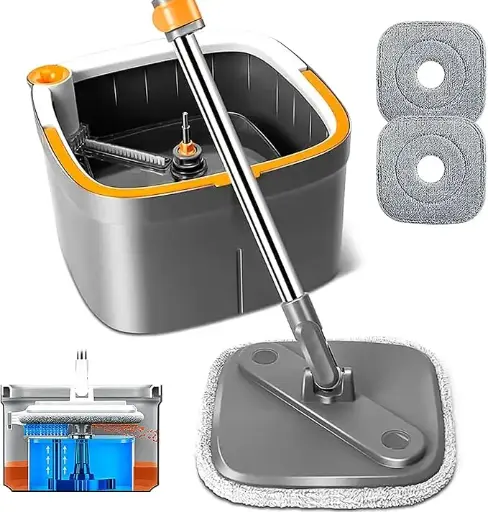Juego de trapeador giratorio cuadrado y cubo, con sistema de separación de agua sucia/limpia, cabezal de trapeador giratorio para suelos de mármol, baldosas y madera dura - KZKR Spin Square Mop M16