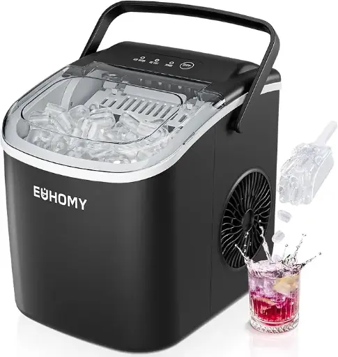 Máquina de hacer hielo con asa, portátil, con cesta y cuchara, autolimpiante, produce 26 lb en 24 h, 9 cubos de hielo listos en 6 min, para el hogar, cocina, camping y casa rodante - EUHOMY